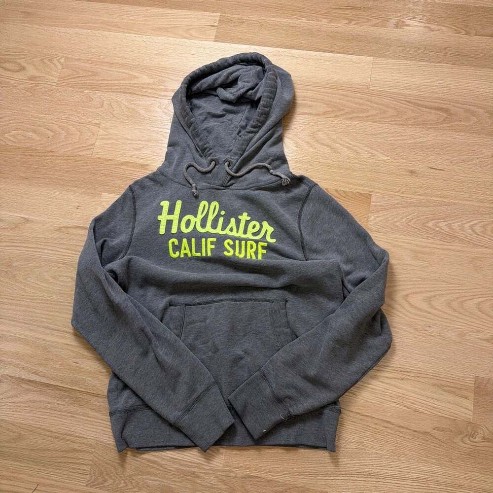 Hollister Calif Surf Gray Neon Yellow Applique Hoodie Size M